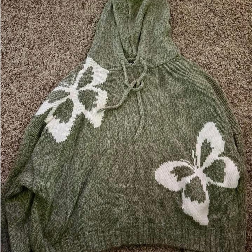 Green Butterfly AEO Knit Hoodie Sweater
